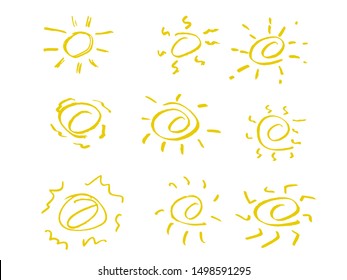 Set of hand drawn summer sun on white isolated background