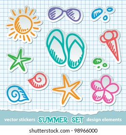 set of hand drawn summer symbols on paper