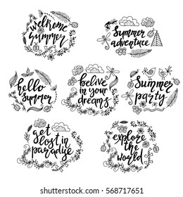 Set of hand drawn summer theme phrases. Modern style lettering. Graphic collection with leaves, herbs, bugs, and flowers, drawing elements. summer theme design for invitation, wedding , greeting cards