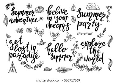 Set of hand drawn summer theme phrases. Modern style lettering. Graphic collection with leaves, herbs, bugs, and flowers, drawing elements. summer theme design for invitation, wedding , greeting cards