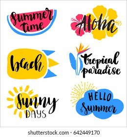 Set of hand drawn summer theme phrases. Modern lettering quotes with bright floral , fruit, sun elements. Can be used for logo, banner, web, tshirt, beach bag.