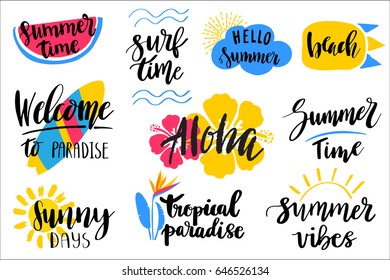 Set of hand drawn summer theme lettering phrases. Modern calligraphy quotes. Can be used for web, print, textile design
