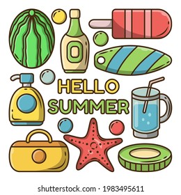 Set of hand drawn summer time cartoon doodle bundle with greeting banner
