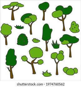 Set of hand drawn summer trees, bushes and grass, isolated vector illustration on white background