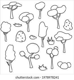 Eslabón de árboles de verano dibujados a mano, arbustos y hierba, ilustración vectorial aislada sobre fondo blanco