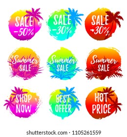 Set of hand drawn summer tropical sale labels. Design element for sale, fashion, banner, web, invitation, card. Space for text.