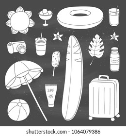 Set of hand drawn summer and vacation items isolated on the blackboard.