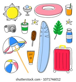 Set of hand drawn summer and vacation items isolated on white background.