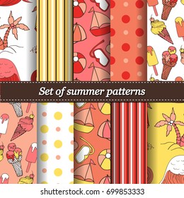 Set of hand drawn summer vector pattern. Summer, marine and vacation symbols background fabric design. Can be used for cloth, jackets, invitation, flyers, bags, notebooks, cards, furniture, packing,