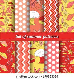 Set of hand drawn summer vector pattern. Summer, marine and vacation symbols background fabric design. Can be used for cloth, jackets, invitation, flyers, bags, notebooks, cards, furniture, packing,