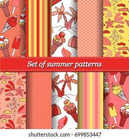 Set of hand drawn summer vector pattern. Summer, marine and vacation symbols background fabric design. Can be used for cloth, jackets, invitation, flyers, bags, notebooks, cards, furniture, packing,