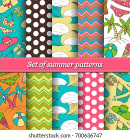 Set of hand drawn summer vector colorful pattern. Summer, marine and vacation symbols background fabric design, texture for Wedding, Bridal, Valentine's day, Birthday Invitations. Fabric, paper print.