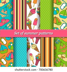 Set of hand drawn summer vector colorful pattern. Summer, marine and vacation symbols background fabric design, texture for Wedding, Bridal, Valentine's day, Birthday Invitations. Fabric, paper print.