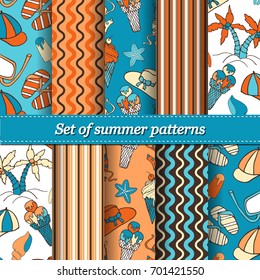 Set of hand drawn summer vector colorful pattern. Summer, marine, vacation symbols background fabric design, texture for Wedding, Bridal, Valentine's day, Birthday Invitations. Fabric,paper print.