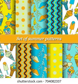 Set of hand drawn summer vector colorful pattern. Summer, marine, vacation symbols background fabric design, texture for Wedding, Bridal, Valentine's day, Birthday Invitations. Fabric,paper print.