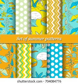 Set of hand drawn summer vector colorful pattern. Summer, marine, vacation symbols background fabric design, texture for Wedding, Bridal, Valentine's day, Birthday Invitations. Fabric,paper print.