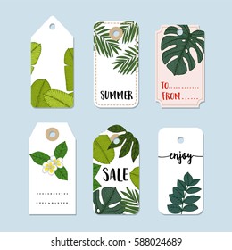 Set of hand drawn summer vintage sale labels and gift tags. Trendy tropical jungle design with palm and monstera leaves. Isolated vector objects, stock illustrations.