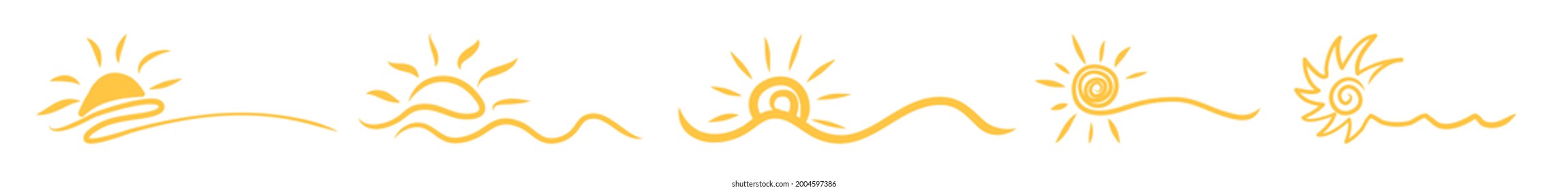 Set of hand drawn sun icons. Vector hands drawn sun icons, doodle cartoon morning summer sketch suns isolated on white background.
