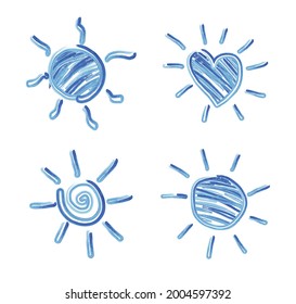 Set of hand drawn sun icons. Vector hands drawn sun icons, doodle cartoon morning summer sketch suns isolated on white background.