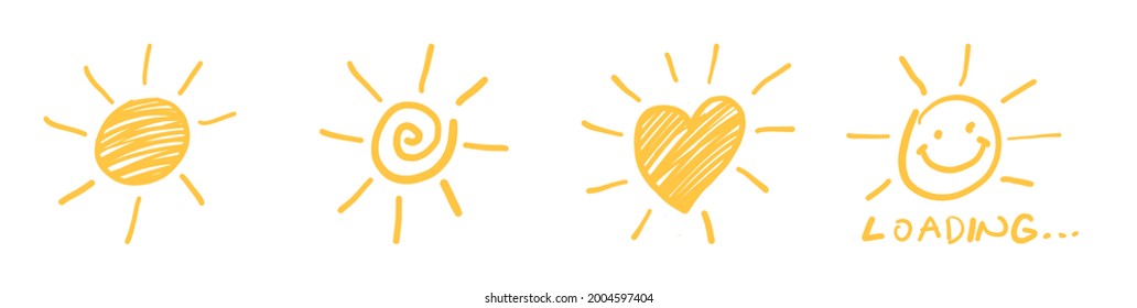 Set of hand drawn sun icons. Vector hands drawn sun icons, doodle cartoon morning summer sketch suns isolated on white background.