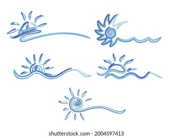 Set of hand drawn sun icons. Vector hands drawn sun icons, doodle cartoon morning summer sketch suns isolated on white background.