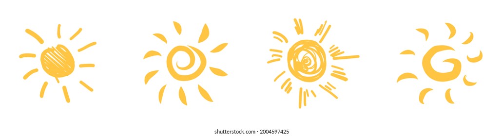 Set of hand drawn sun icons. Vector hands drawn sun icons, doodle cartoon morning summer sketch suns isolated on white background.