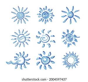 Set of hand drawn sun icons. Vector hands drawn sun icons, doodle cartoon morning summer sketch suns isolated on white background.