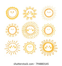 Set Of Hand Drawn Sun Symbols. Collection Of Smiling Sun Characters. Doodle. Vector Illustration