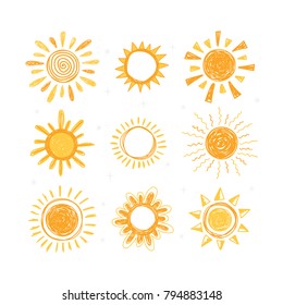 Set of hand drawn sun symbols. Collection of doodle sun icons. Vector illustration