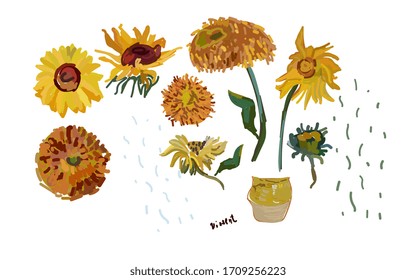 Set hand drawn sunflower flowers on a white background. Vector illustration, pattern based on the oil painting of Van Gogh. All object in  isolated.
