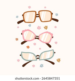 Set of hand drawn sunglasses. Vector illustration on isolated background. Cute stylized illustration with decorative elements.