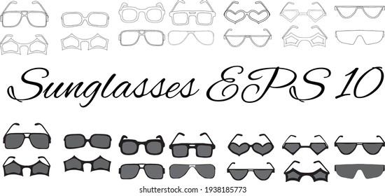 A set of hand drawn sunglusses. Lineart, vector