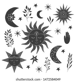 Set of hand drawn  suns with faces, half moons and stars. Tattoo design. Vector isolated illustration.