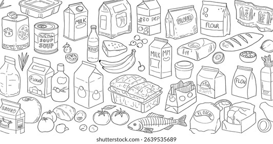 Set of hand drawn supermarket products illustrations. Food doodle sketches. Outline cans, vegetables, fruits, steak, milk, fish, eggs and other grocery items
