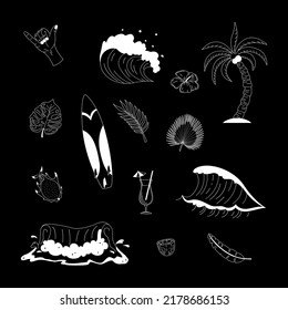A set of hand drawn surfing elements. Waves, surfboard, palm trees, tropical leaves and more. Flat vector illustration.