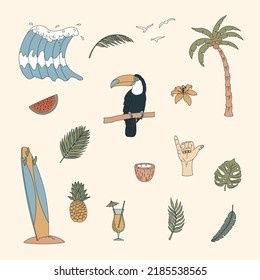 A set of hand drawn surfing elements. Waves, surfboard, palm trees, tropical leaves and more. Flat vector illustration.