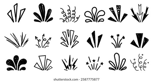 Set of hand drawn Surprise explosion beam line icon elements. Round corner shine. Sunburst sparkle line frame for title headline illustration. Ink or charcoal graphic elements