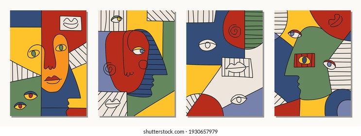 Set of hand drawn surrealistic, abstract faces in line art style, seamless pattern background, modern minimalism art, aesthetic contour