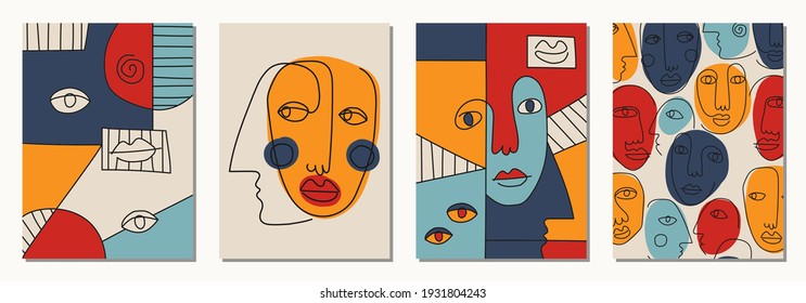 Set of hand drawn surrealistic, abstract faces in line art style, seamless pattern background, modern minimalism art, aesthetic contour
