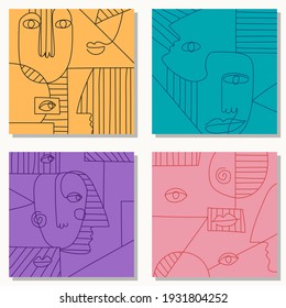 Set of hand drawn surrealistic, abstract faces in line art style, seamless pattern background, modern minimalism art, aesthetic contour