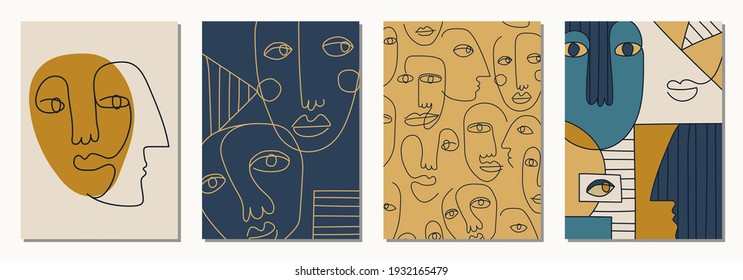 Set of hand drawn surrealistic, abstract faces in line art style, seamless pattern background, modern minimalism art, aesthetic contour