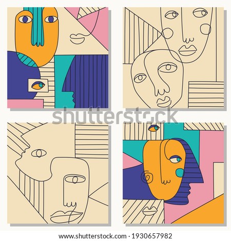 Set of hand drawn surrealistic, abstract faces in line art style, seamless pattern background, modern minimalism art, aesthetic contour