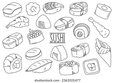 Set of hand drawn sushi doodle vector illustration. Japanese food wasabi