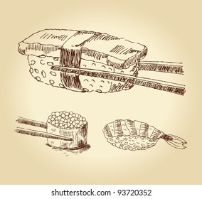 Set of hand drawn sushi isolated over white bachkground, vector illustration.