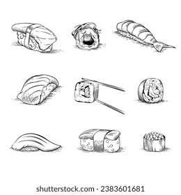 A set of hand drawn sushi and rolls. Vector illustration in line art style