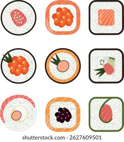 Set of hand drawn sushi and rolls in flat style. Vector isolated illustration with simple shapes. Traditional japanese food collection