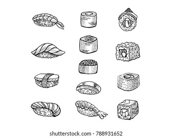 Set of hand drawn  sushi. Vector illustration.
Black and white drawing. 