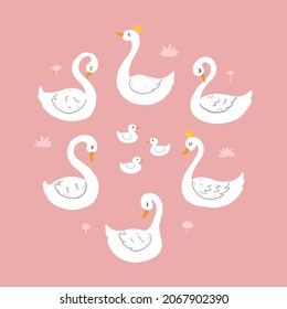 Juego de cisnes dibujados a mano aislados en fondo rosado. Bueno para pegatinas, afiches, impresiones, tarjetas, prendas de vestir para niños, etc. EPS 10