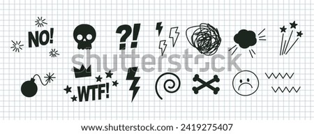 A set of hand drawn swear icons. Abstract anime icon, curses and skull. Swear symbols to express exclamation. Harsh mood. Negative thinking concept. Mad emoticon vector elements in a check notebook