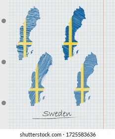 Mapa de Suecia dibujado a mano con la bandera.